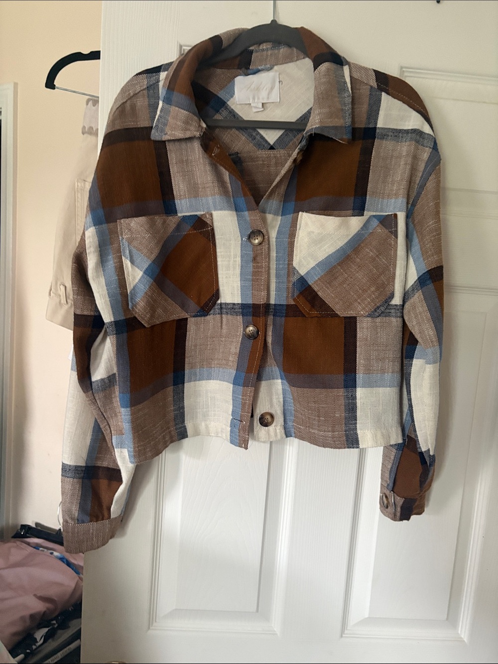 Ashley By 26 International Plaid Shacket in Brown, Cream & Blue Oversize - Picture 2 of 8